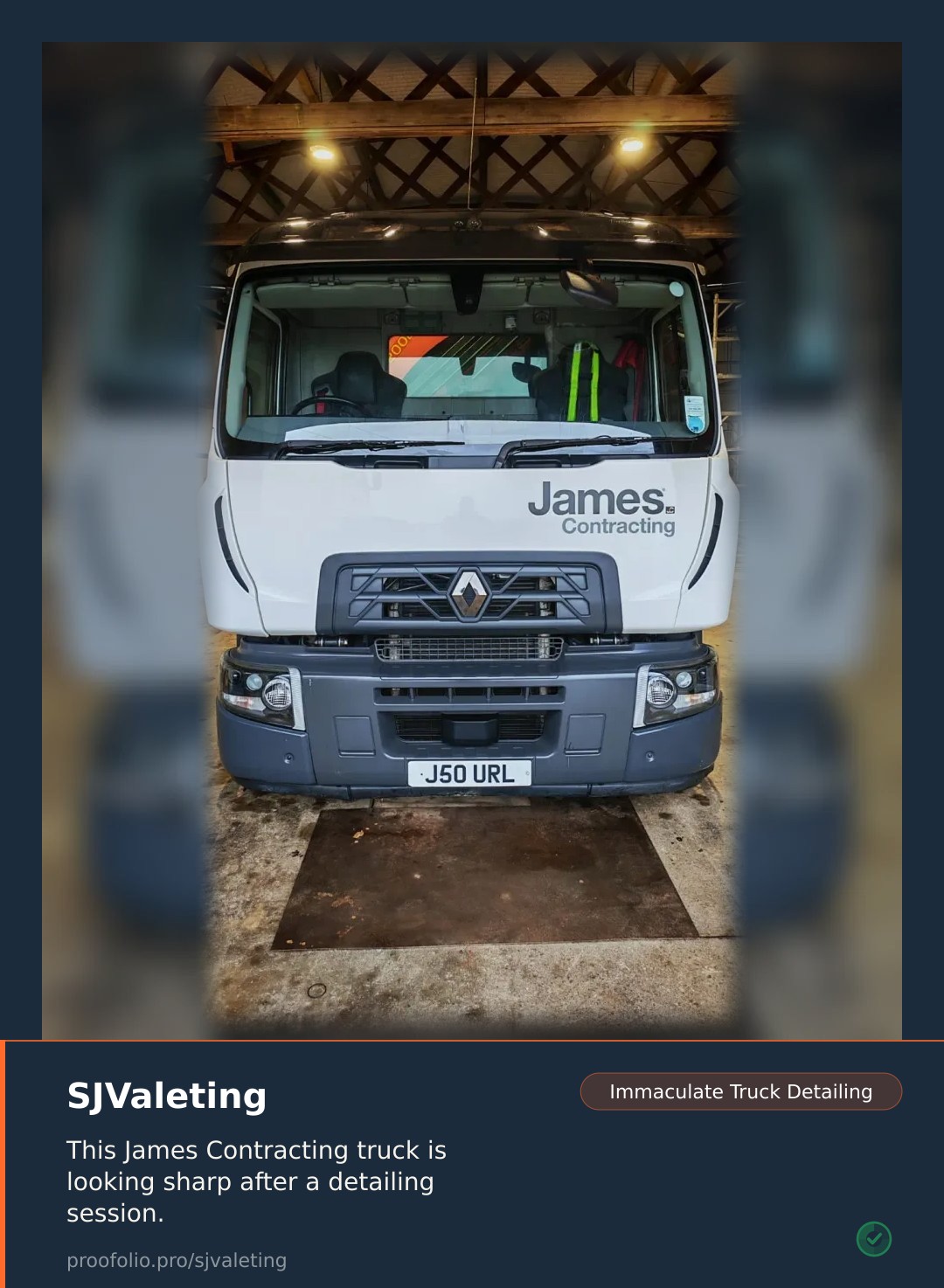 A white truck with "James Contracting" logo is detailed and parked indoors.