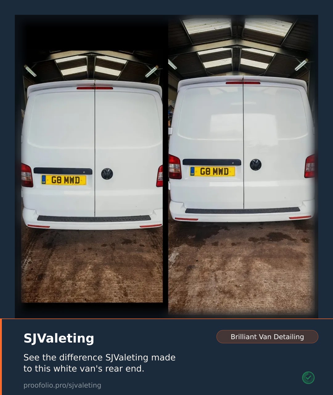 A white van is shown in a before and after comparison, with the right side appearing cleaner and more polished.